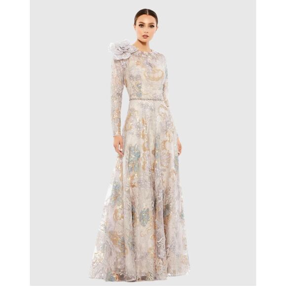 Mac Duggal Embellished Long Sleeve High Neck Rose Applique Gown - Picture 1 of 11